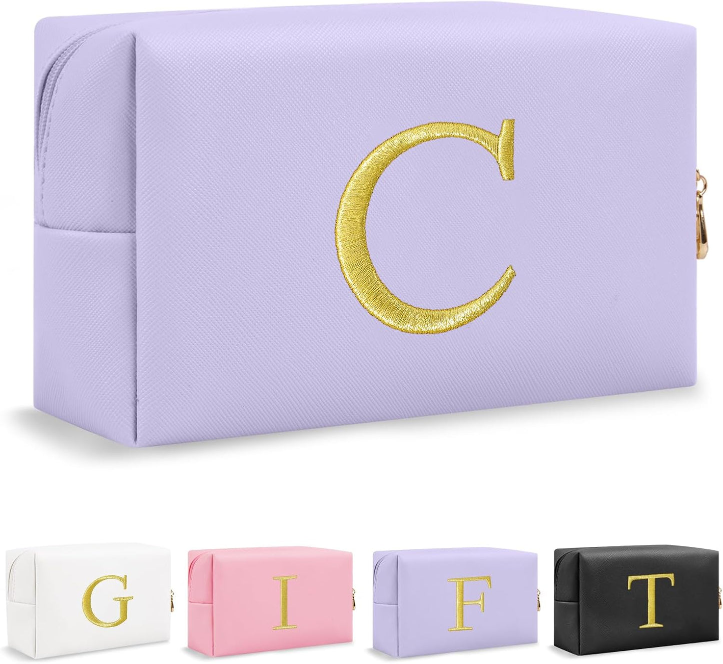 Personalized Initial Makeup Bag - Gold Embroidered Cosmetic Bag for Teens | Custom Travel Toiletry Bag (Black)