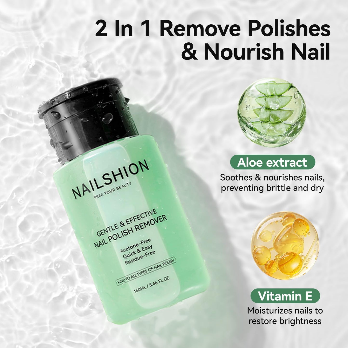 Nailshion Aloe Vera Nail Polish Remover Non-Acetone, VE Non-Drying, 5-10s Remove All Air Dry Nail Polishes, Built-in Easy Push-down Pump, Clear Nail Polish DIY at Home Nail Art Essentials