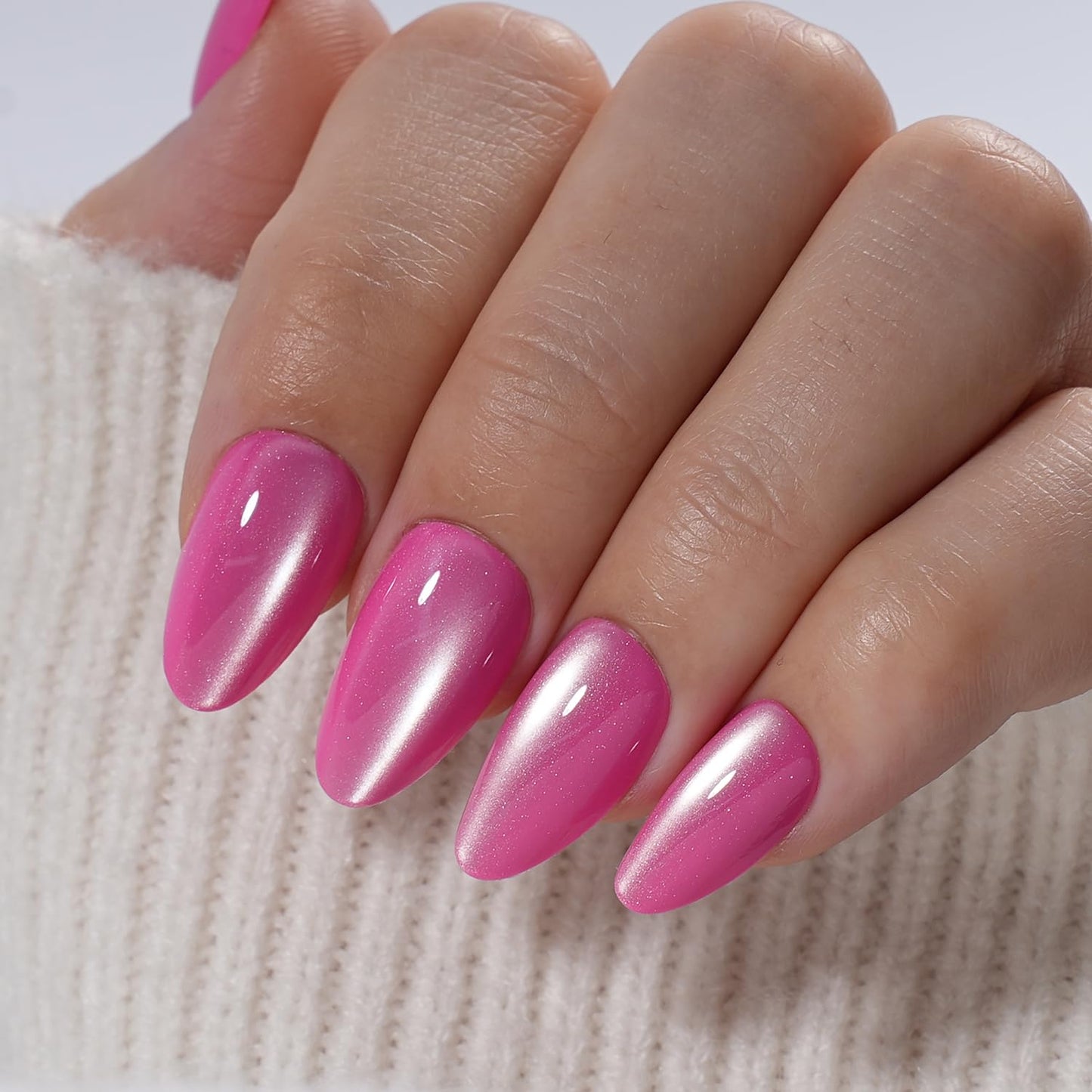 Red Cat Eye Press On Nails - Almond Short Reusable Fake Nails | 32pcs in 16 Sizes, Garnet Color