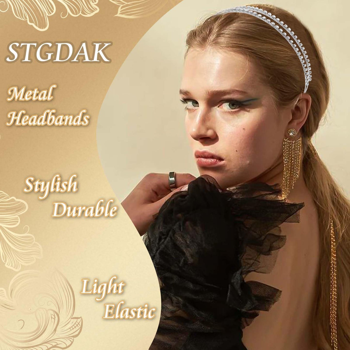 STGDAK Rhinestone Headband For Women Gold Headbands Bridal Metal Head Band Double Rows Crystal Diamond Hairband Silver Hair Hoop Cute Headbands Fashion Hair Jewelry For Wedding Party Prom 2 Pcs