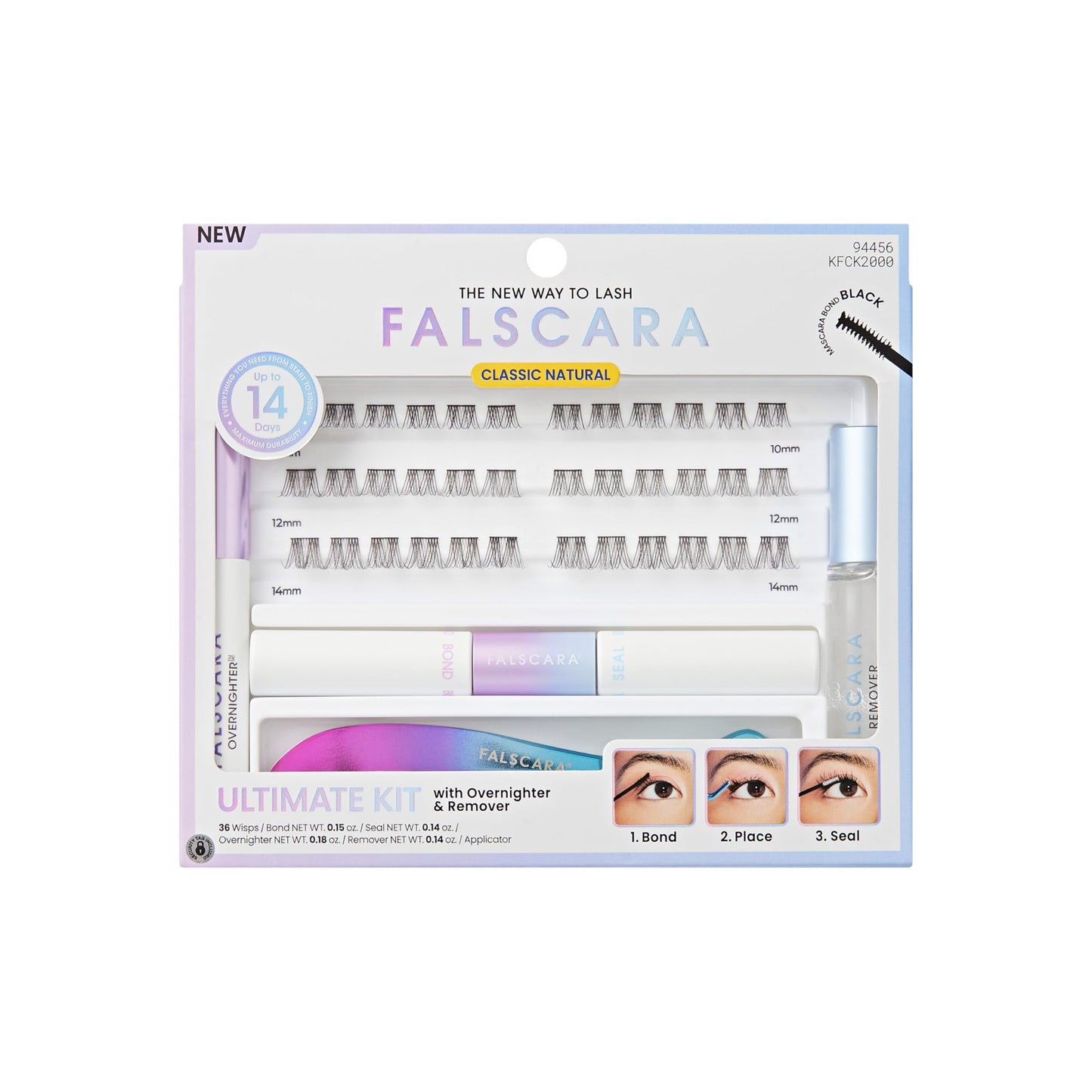 Falscara All-Inclusive Classic Natural Black Lash Clusters Kit, 36 At-Home Lash Extensions with Bond, Seal, Overnighter, Remover & Applicator, 10-14mm Lightweight Microband Wisps, Up to 14 Days Wear