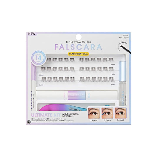 Falscara All-Inclusive Classic Natural Black Lash Clusters Kit, 36 At-Home Lash Extensions with Bond, Seal, Overnighter, Remover & Applicator, 10-14mm Lightweight Microband Wisps, Up to 14 Days Wear