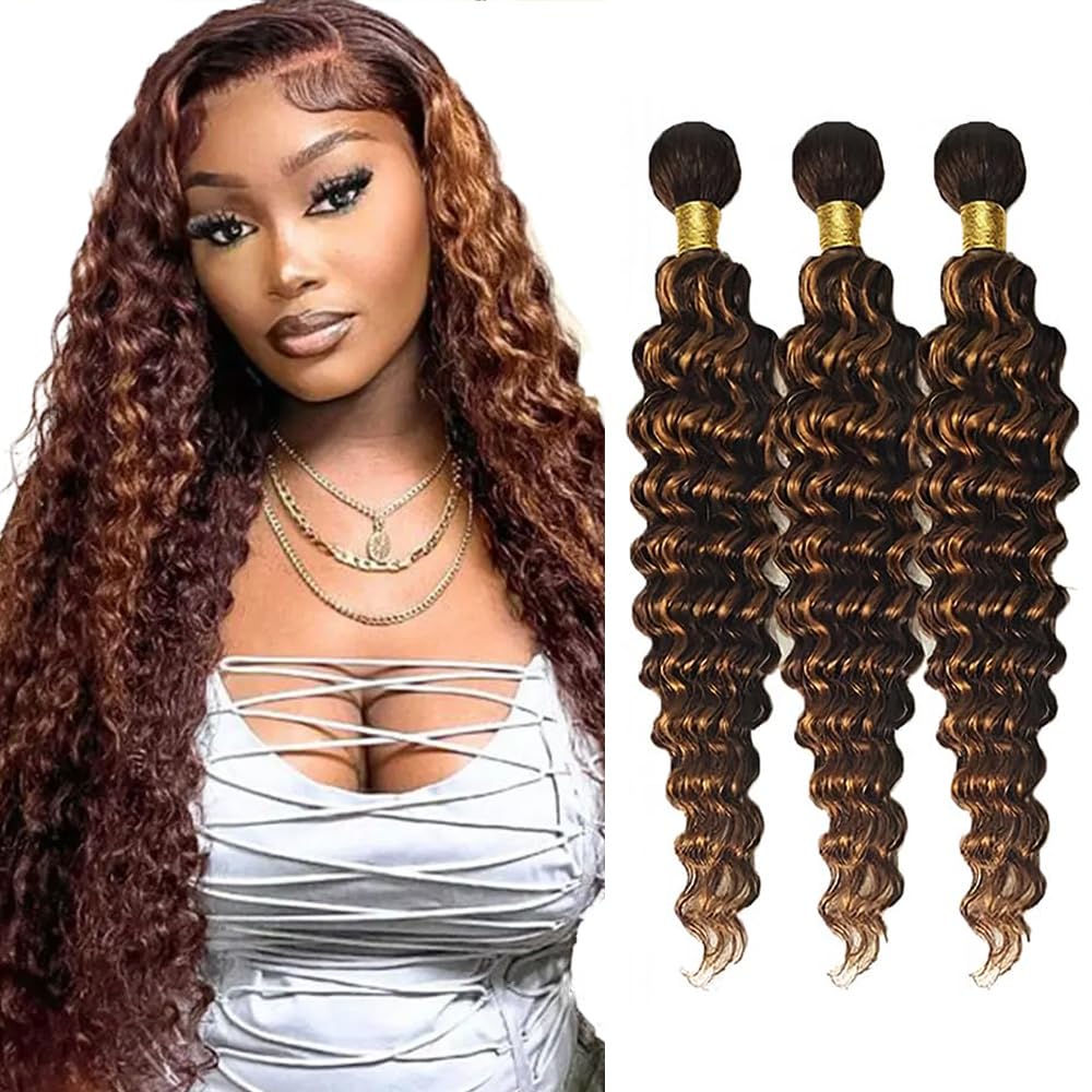30 32 34 Inch P4/30 Bundle Highlight Deep Wave Bundles Human Hair Unprocessed Virgin Hair 3 Bundles Brown Mixed With Light Brown Bundle