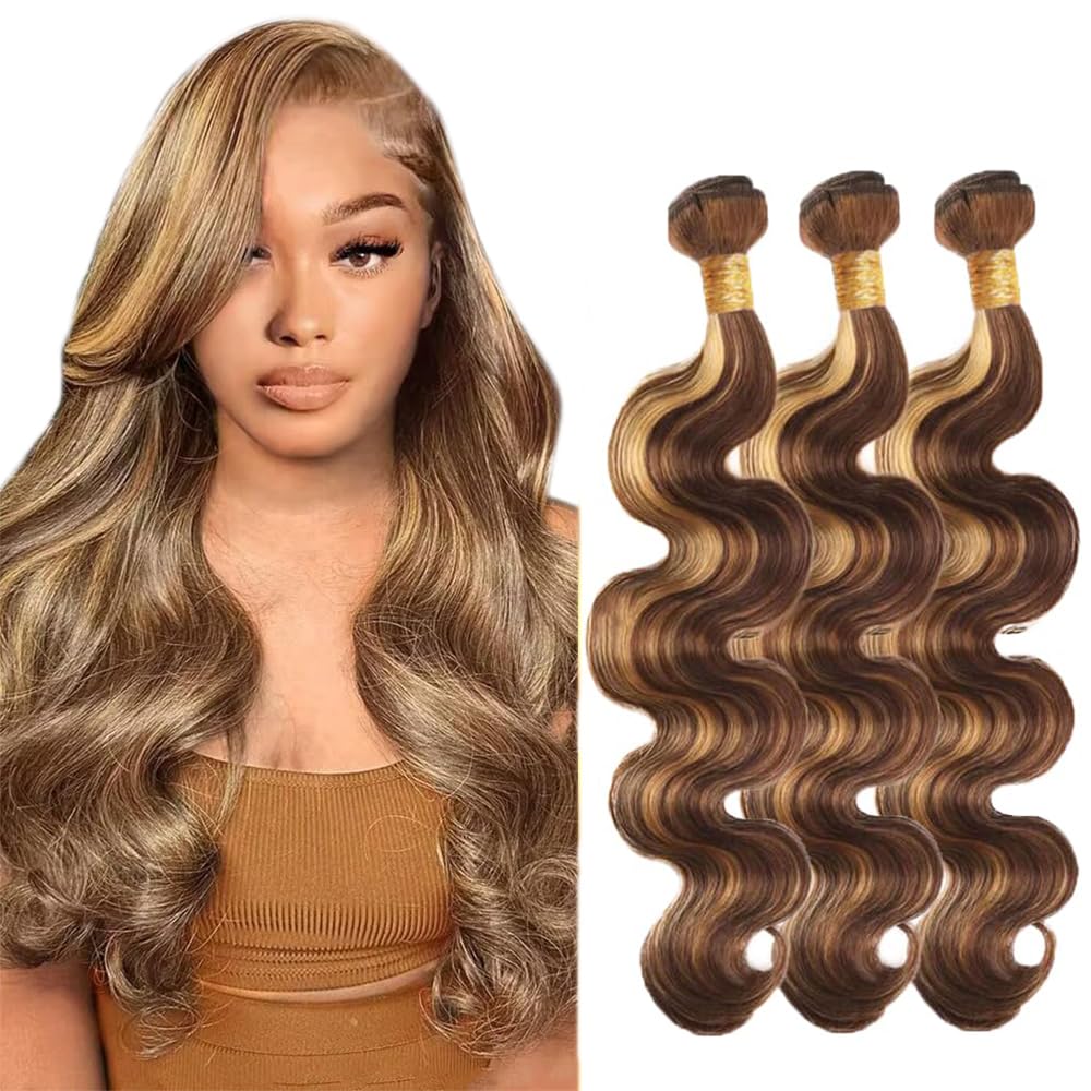 22 24 26 Inch P4/27 Blonde Bundles Human Hair Body Wave 3 Bundles Brazilian Remy Hair 50 Grams/Bundle 10A Grade Highlight Blonde Body Wave Bundle Unprocessed Virgin Hair Weaves Extensions