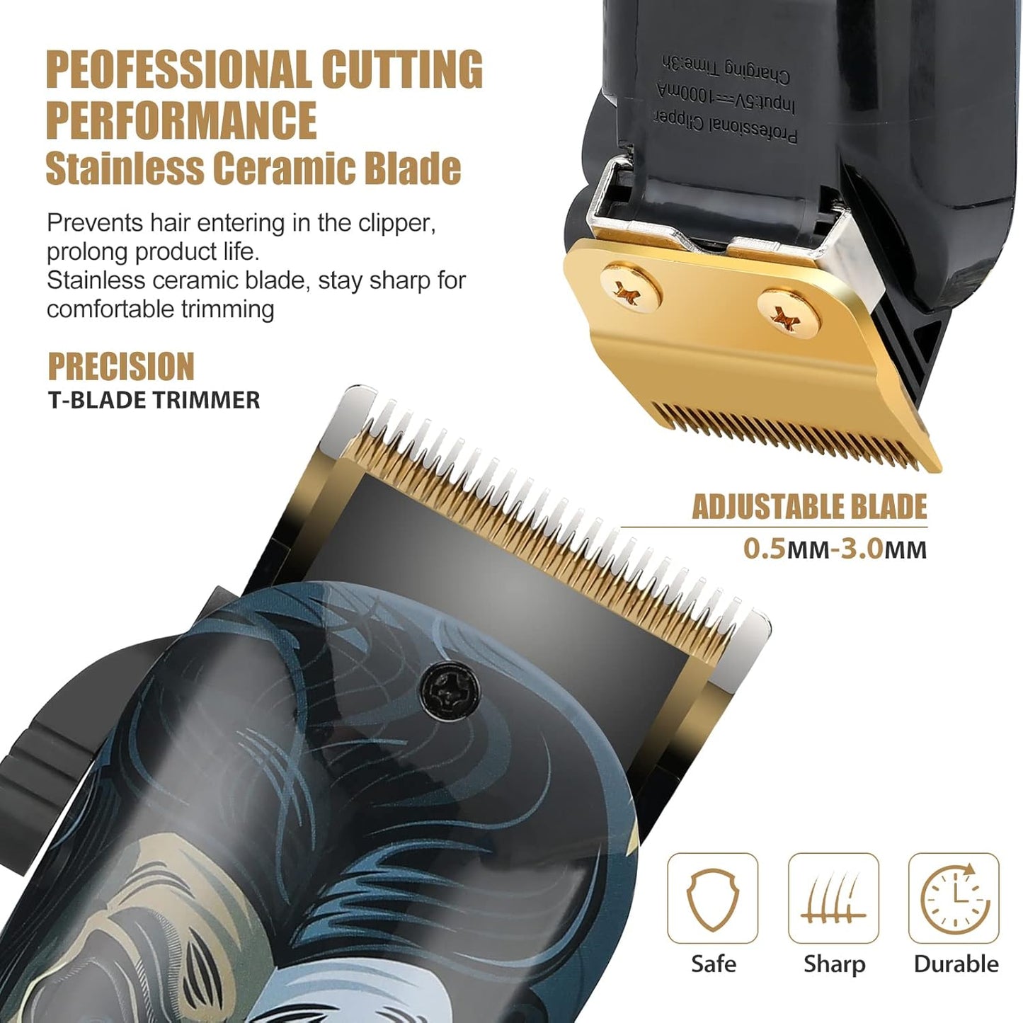 BESTBOMG® Hair Clippers - Cordless Ceramic T-Blade Haircut Set with 10 Guide Combs for Men