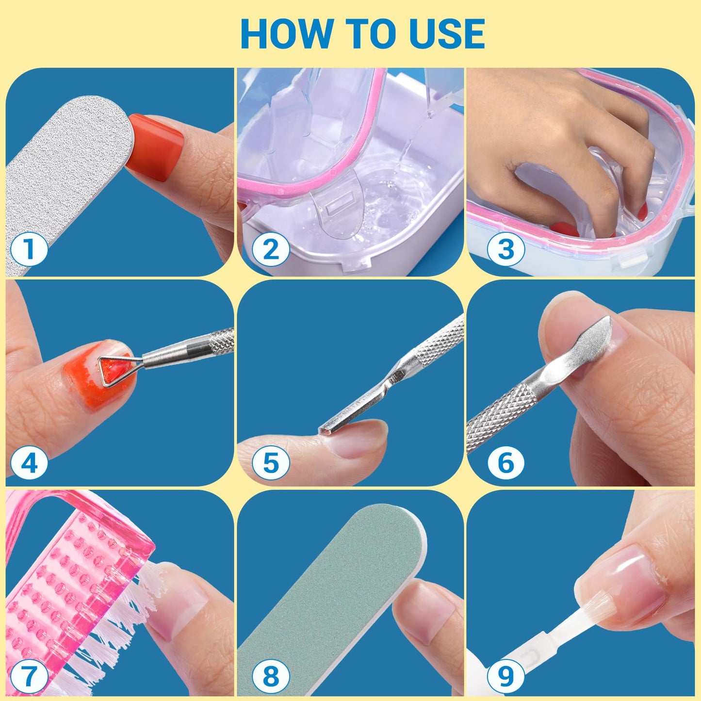 Nail Polish Remover Kit - 2 Soaking Bowls, Cuticle Tools, Oil, Files & Buffers | Complete Manicure Set
