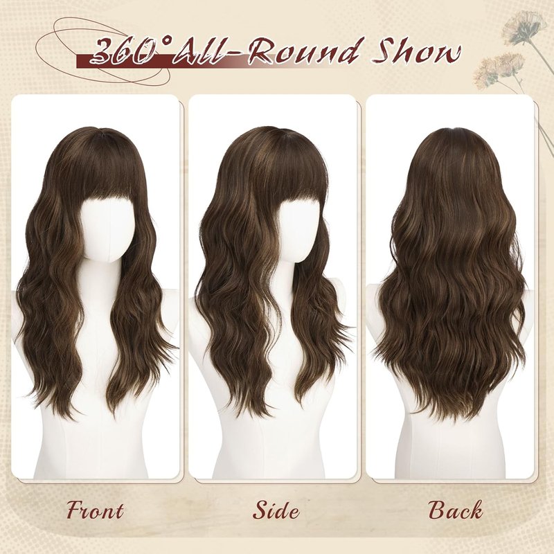 Brown Wigs with Bangs - 20 Inch Soft Wavy Synthetic Heat Resistant Hair Wig for Women | Natural Look, Brown with Highlights