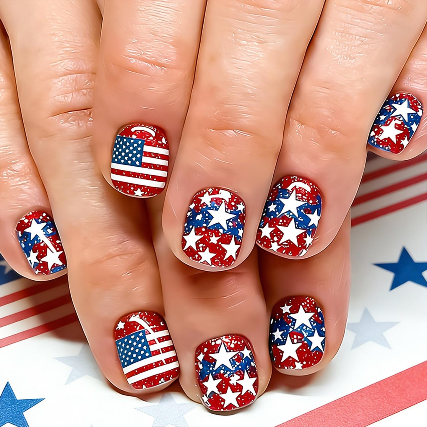 30Pcs 4th of July Press-On Nails - Medium Almond Shape with Fireworks & American Flag Design | Patriotic Artificial Nails for Women