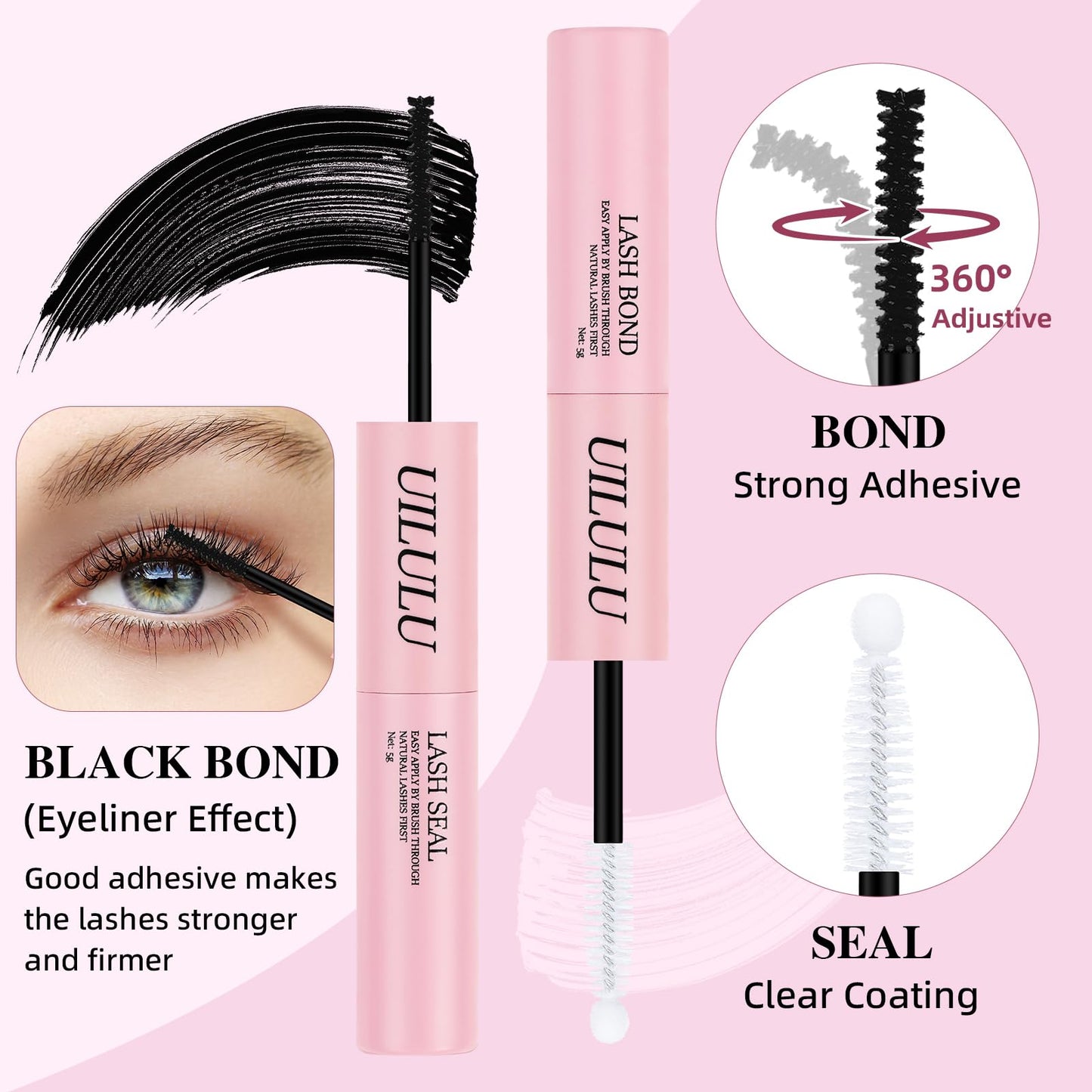 Uilulu Lash Bond and Seal - 2-in-1 Lash Glue (5ml) & Sealer (5ml) for DlY Lash Extensions at Home, Waterproof Eyelash Adhesive for Cluster& Individual Lashes, Black Bond Eyelash Glue Strong Hold
