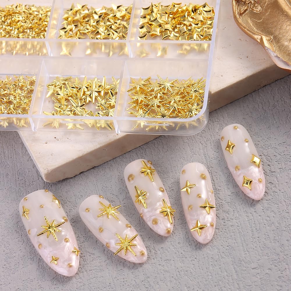 3D Star Nail Art Charms - Gold Metallic Studs & Rhinestones | Mixed Styles for DIY Manicure Supplies