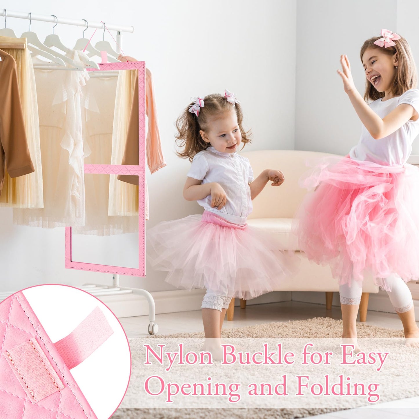 Colingmill Foldable Full Length Mirror Leather 33.5" L x 13.4" W Portable Hanging Travel Mirror with Handle for Travel Dance Camping Home Fitness Spa Gift (Pink, 33.5" L x 13.4" W)