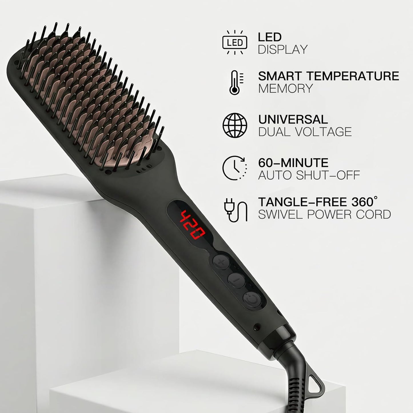 MEGAWISE Pro Ceramic Ionic Hair Straightener Brush - Fast 20s Heat, Auto-Off, Anti-Scald, Dual Voltage | Black