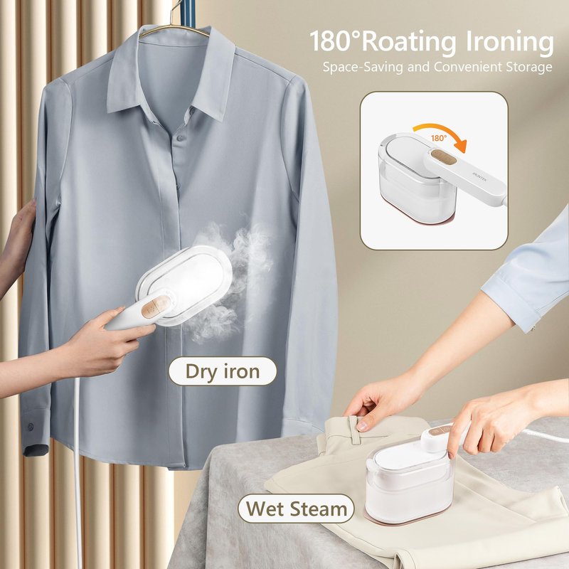 iRUNTEK 2-in-1 Steamer Iron & Clothes Steamer - Handheld Portable Garment Steamer, 1000W Powerful Steam with 30s Fast Heat-up,160ml Water Tank, Rotary Garment Iron, Ideal for Home & Travel, White