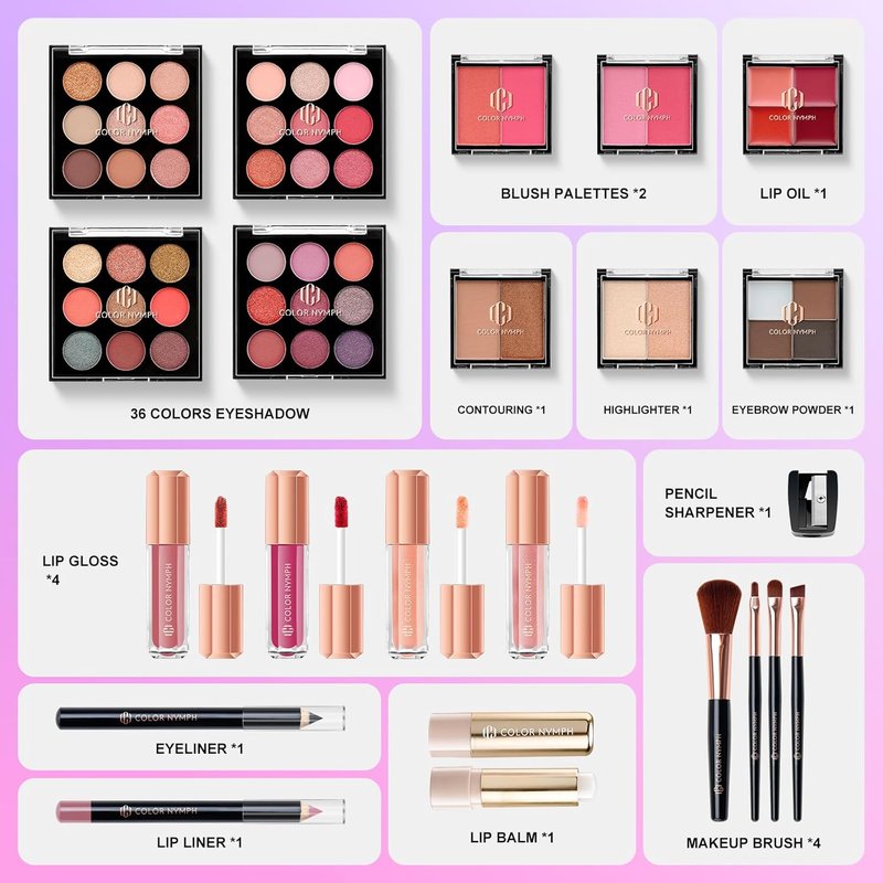 All In One Makeup Kit - Travel Set with 4 Trays | Eyeshadow, Highlighter, Lip Gloss & More for Teens