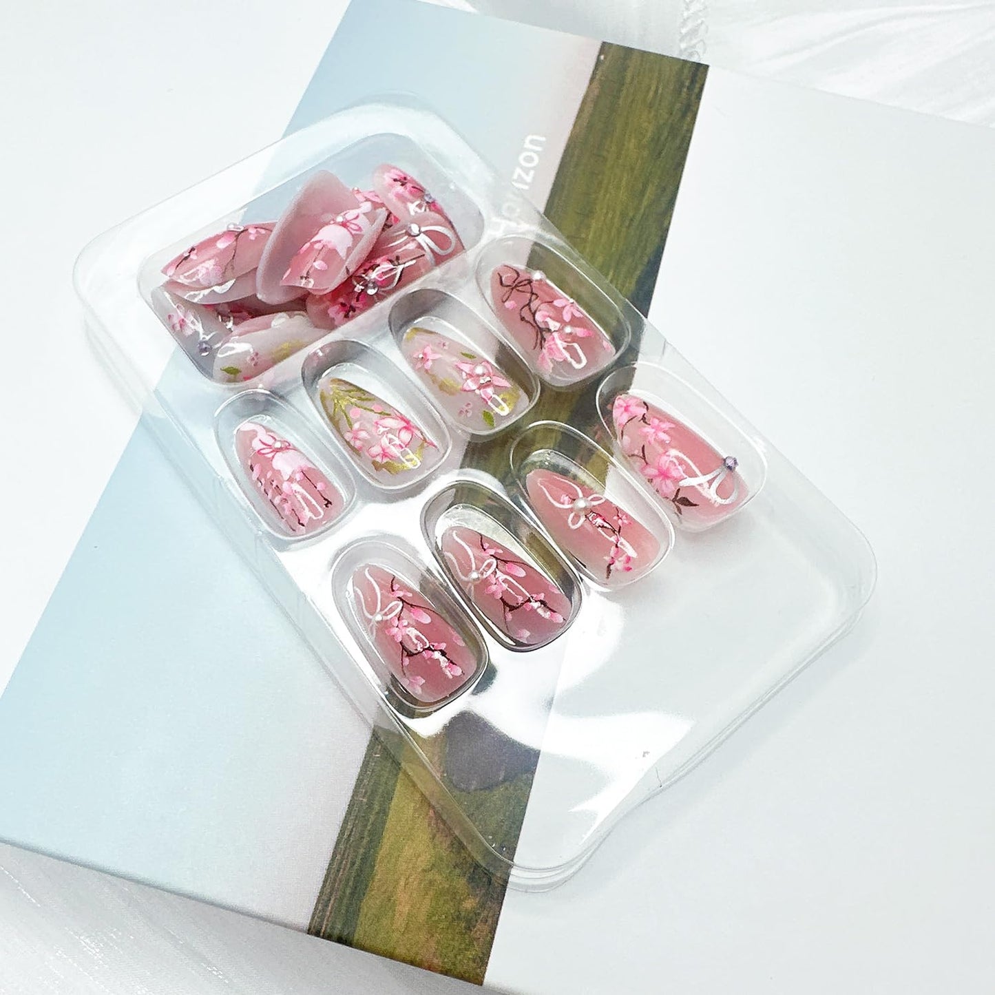30Pcs Pink Flower Press on Nails Medium Almond Fake Nails with 3D Pearl Rhinestones Designs Glue on Nails Peach Blossom Acrylic Nails Cute Cat False Nails Bow Stick on Nails for Women Nail Supplies