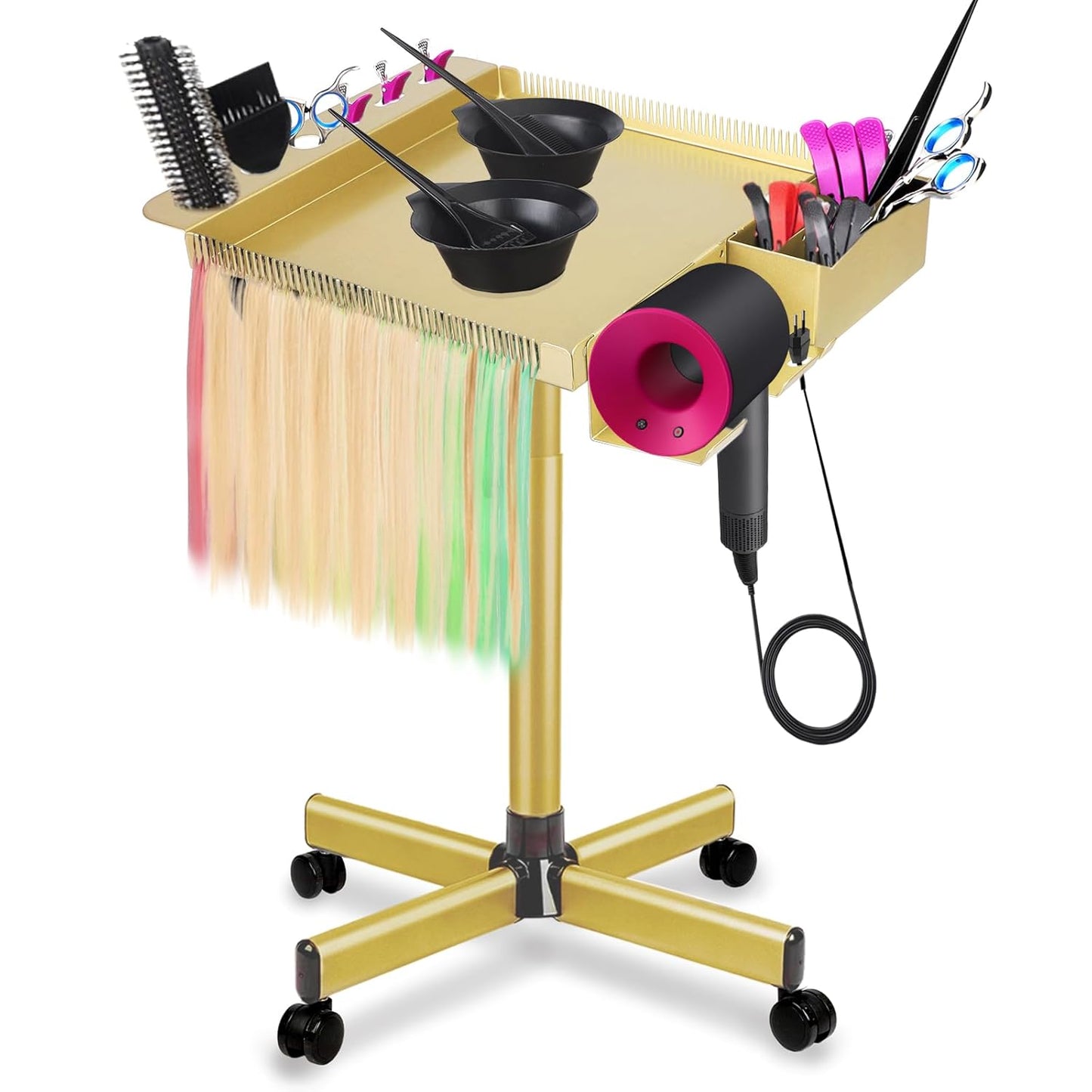 Multi-Function Salon Tray - Rolling Hair Cart with Storage & Separator Stand | Gold Finish