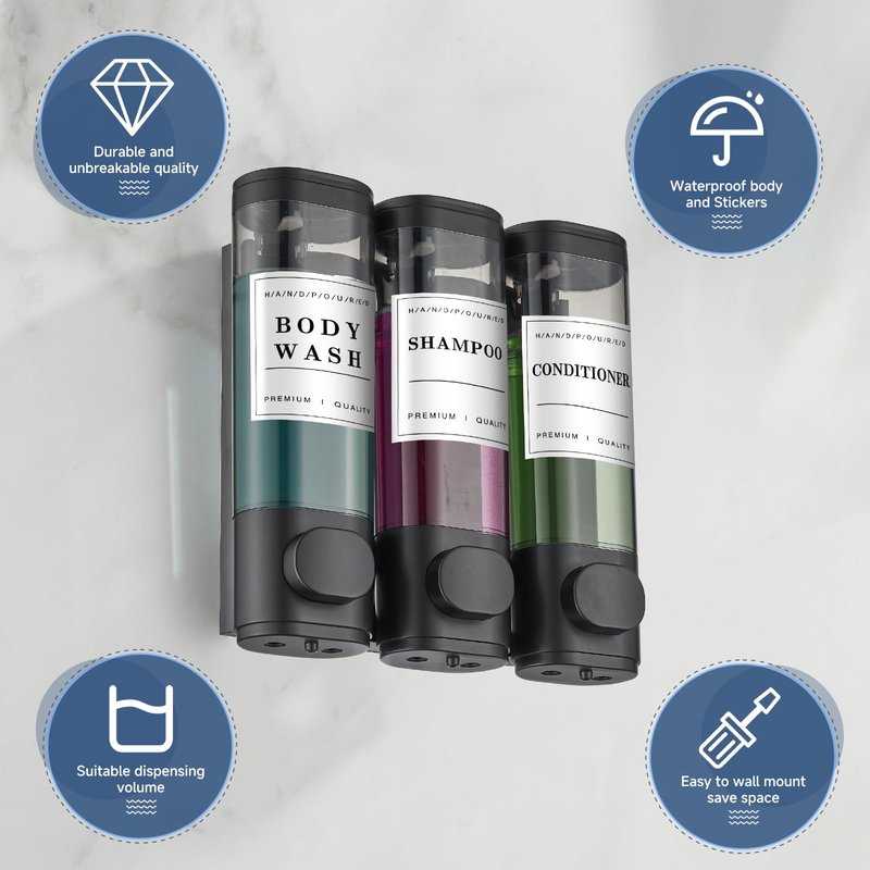 Shampoo and Conditioner Dispenser Shower Dispenser Body Wash Wall Mounted Shampoo Dispenser for Shower Wall No Drill for Bathroom Hotel 3 Chamber x 300ml Black with Waterproof Labels