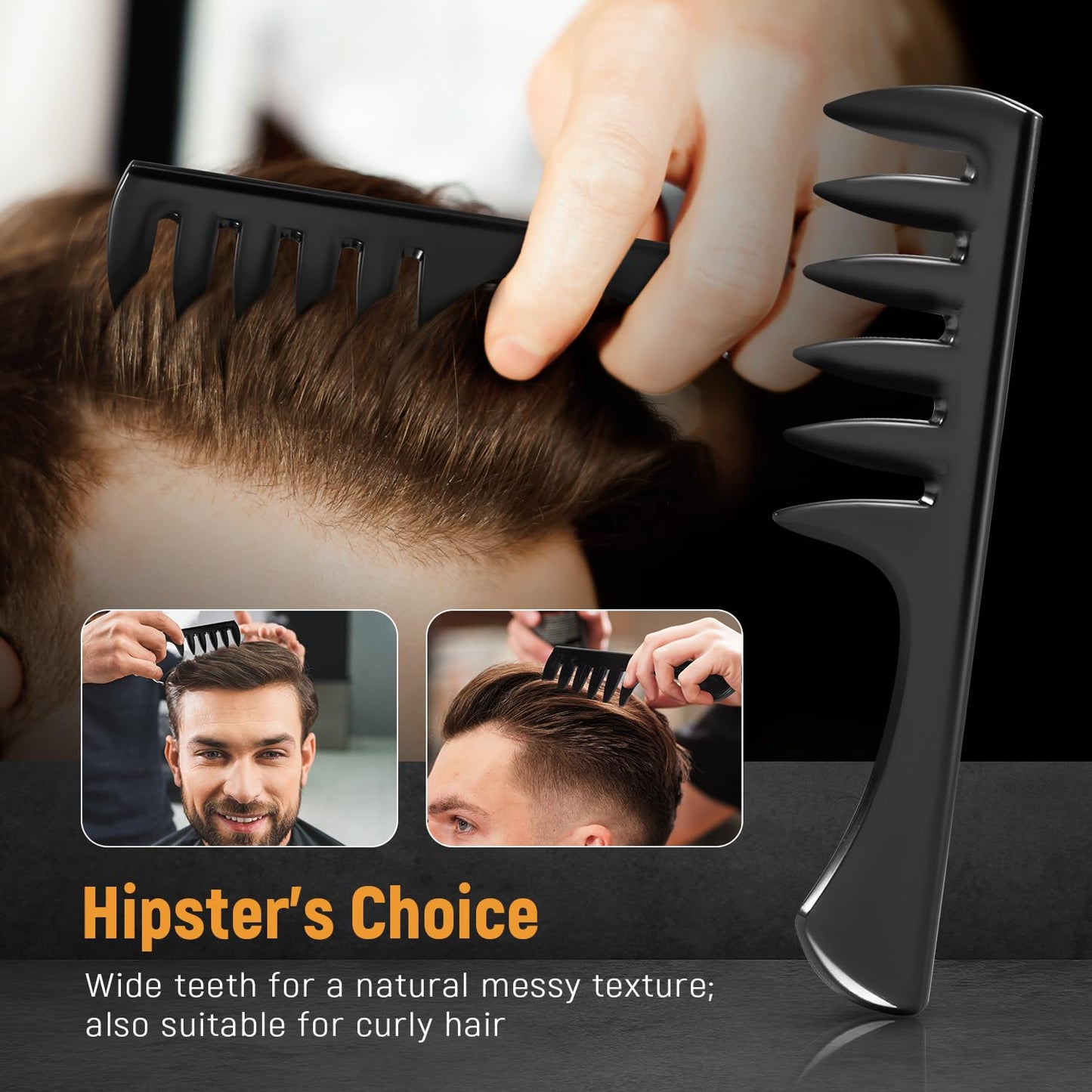 3Pcs Hair Styling Combs Set for Men - Black Wide Tooth Texture Comb for Quiff, Pompadour, Slick Back | Perfect for Barbers