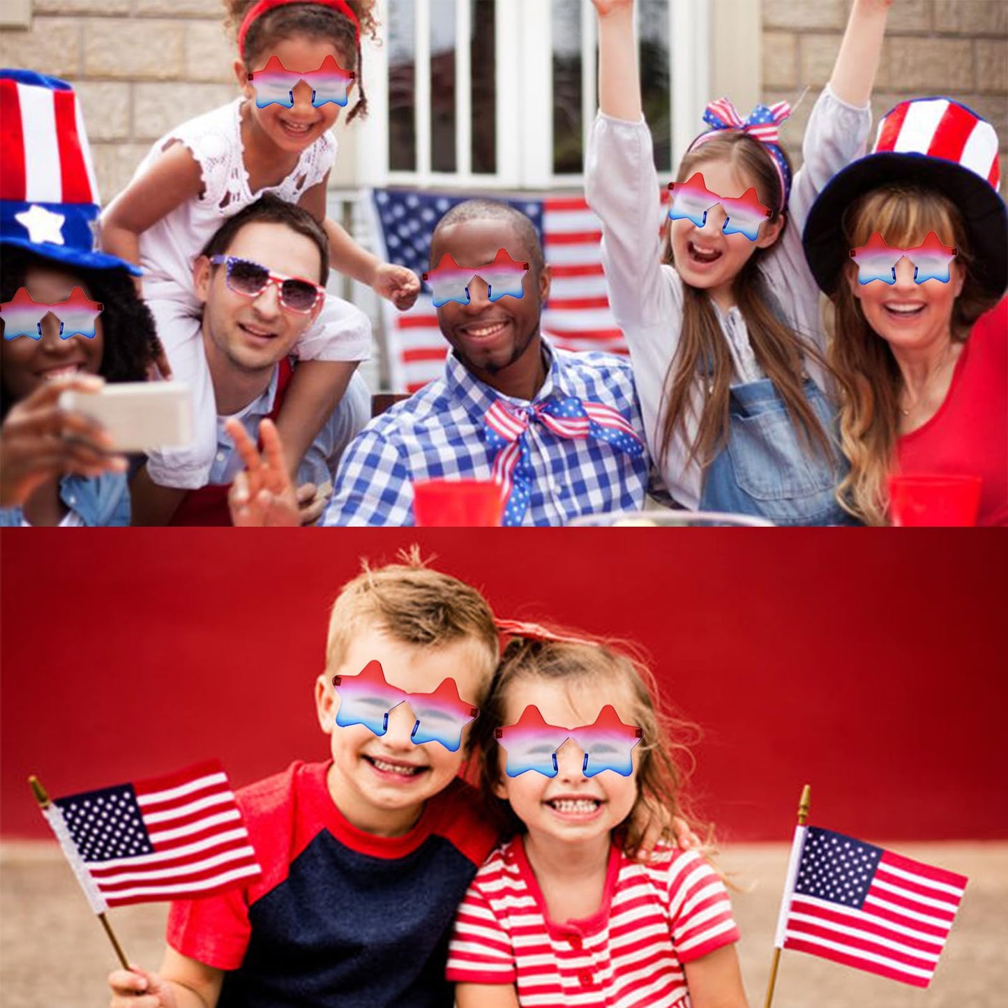 AmoraKiva 3pc 4th of July Star Glasses, USA Red White Blue Party Outfit