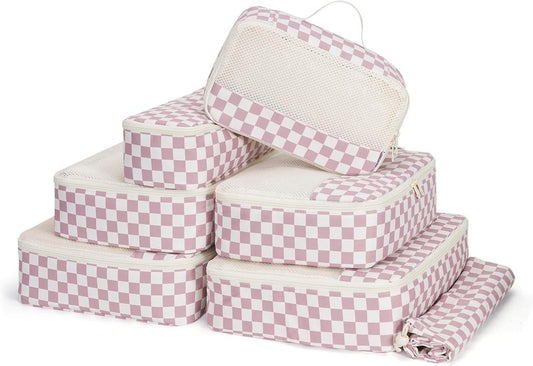 Checkered Packing Cubes - 7 Set Travel Organizer Bags for Suitcase | Durable Dusty Pink Design