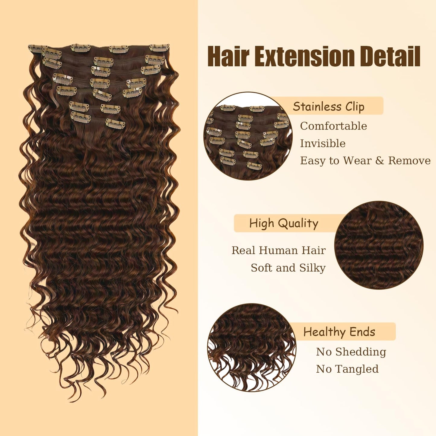#30 Brown Clip in Hair Extensions Real Human Hair, 26 Inch 120g/7Pcs,Full Shine Remy Human Hair,Light Brown Deep Wave Clip ins Brazilian Virgin Human Hair Extensions