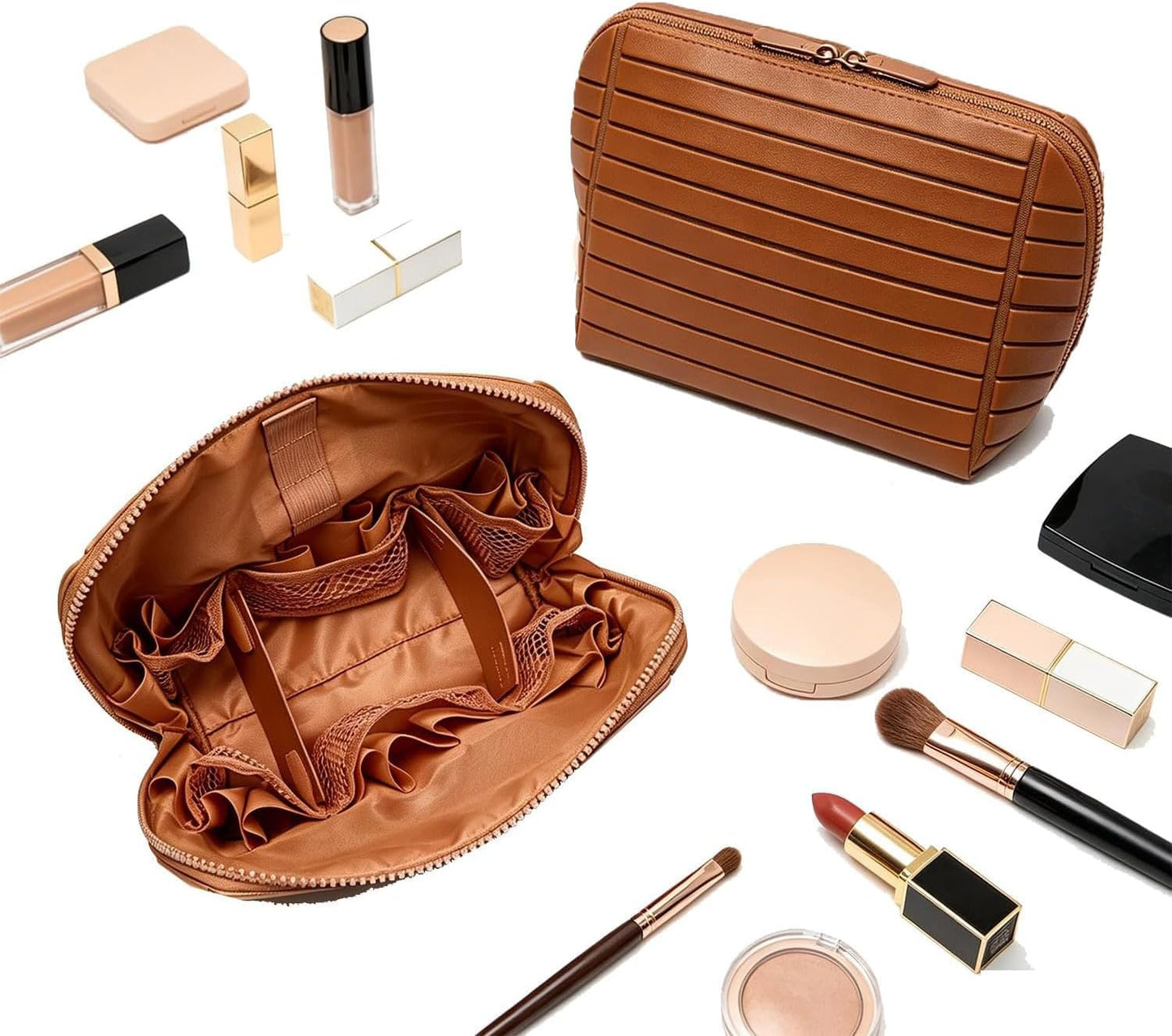 Makeup Organizer for Women - Waterproof Toiletry Bag with Dividers | Brown Travel Case