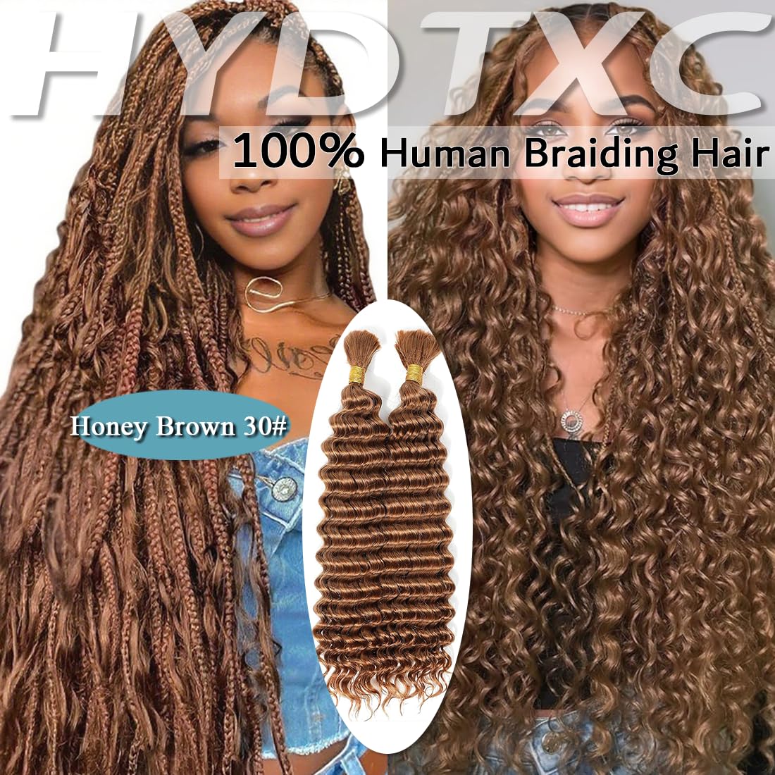 Hydtxc 30 Dark Brown Deep Water Wave Bulk Human Braiding Hair 100g 22 Inch Braiding Hair No Weft Brazilian Virgin Deep Curly Human Hair Extensions for Boho Braids