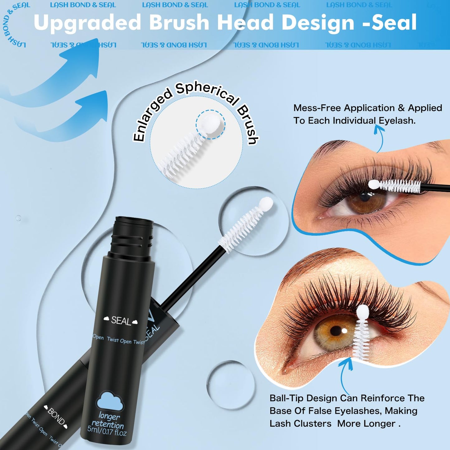 KEVKEV Lash Cluster Glue, Bond And Seal Lash Glue, 2 in 1 Waterproof Lash Bond & Seal for Clusters Strong Hold 72H+ Oilproof Latex-Free Easy To Apply (10ml, Black)