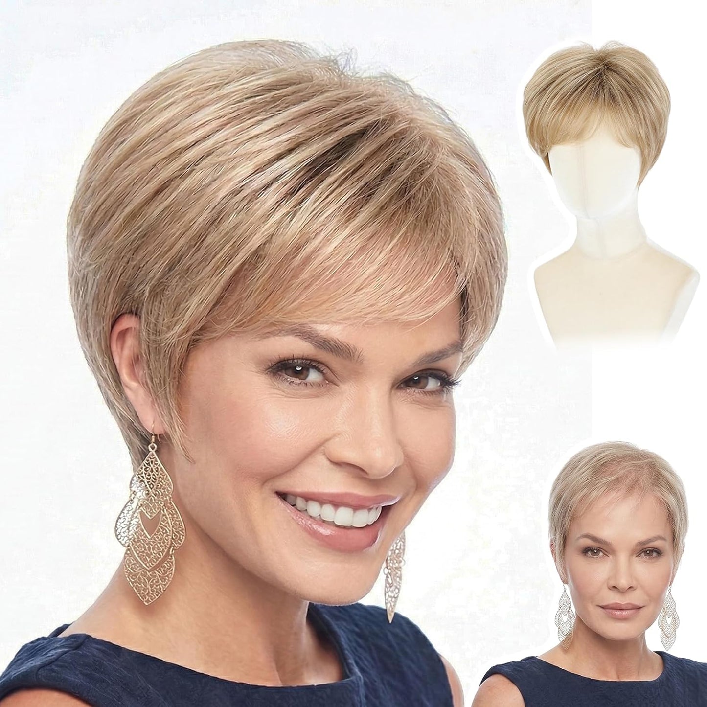 Short Pixie Wig for Women | Curly Ash Blonde with Dark Roots - Heat-Resistant Synthetic Wig with Bangs, Lightweight Cap