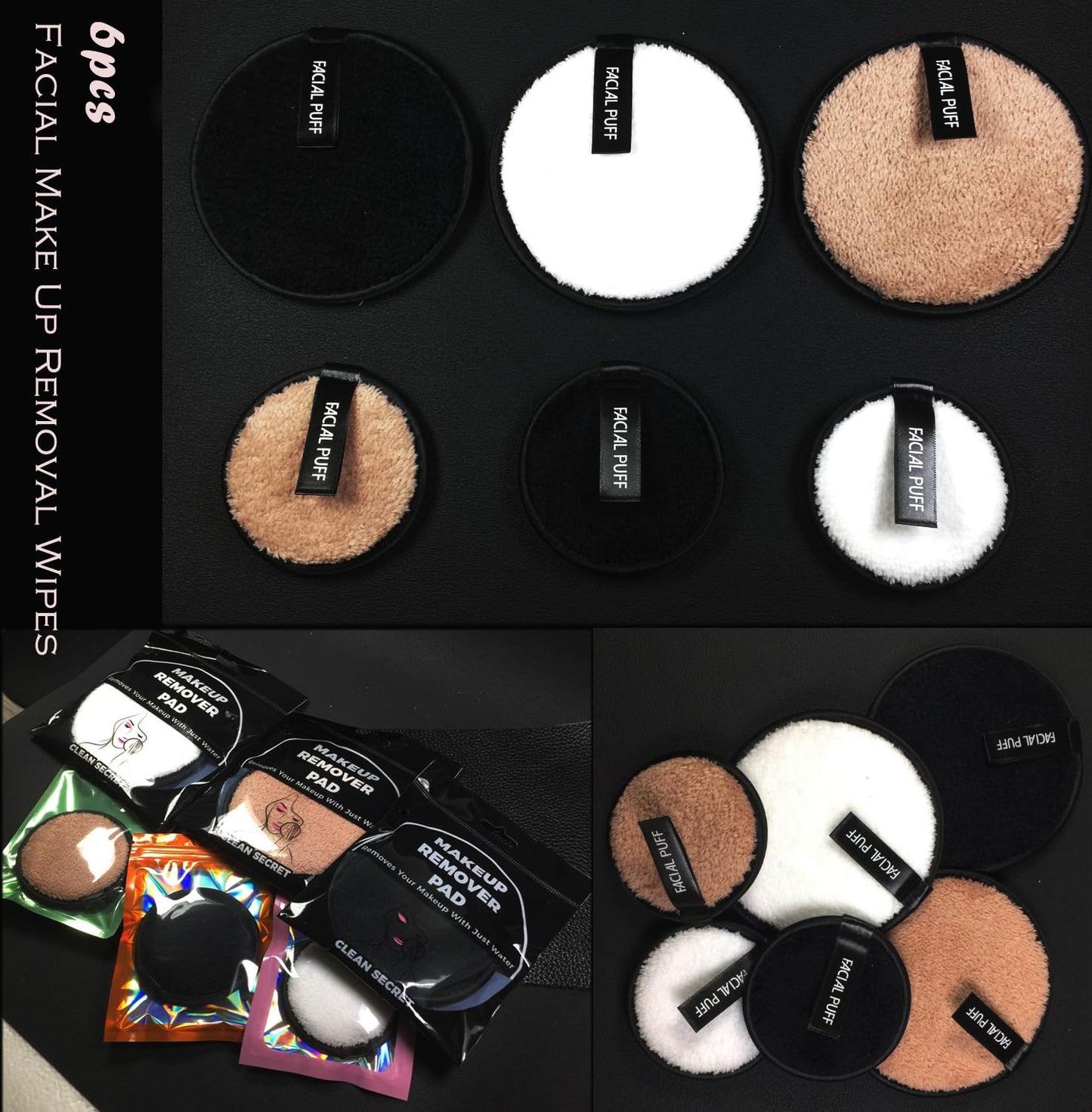 Reusable Makeup Remover Pads, Facial Make Up Removal Wipes, Washable Face Cleaning Cloths, Soft Makeup Remover Rounds, Hypoallergenic for Mascara, Eye Shadow, Lipstick, Foundation -6 PCS