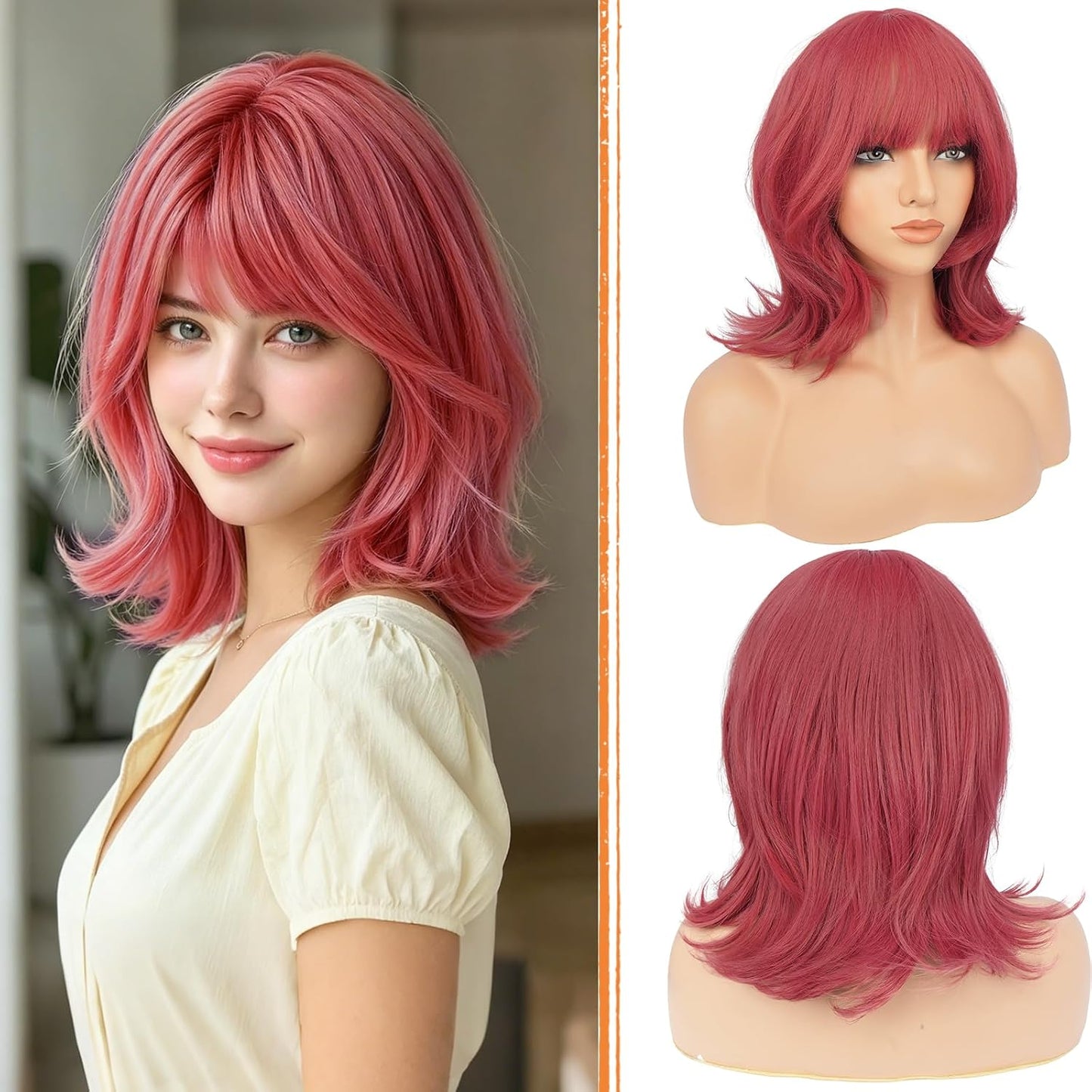 Blonde Short Bob Wig with Bangs - Wavy Layered Synthetic Hair | 14 Inch Dirty Blonde for Women