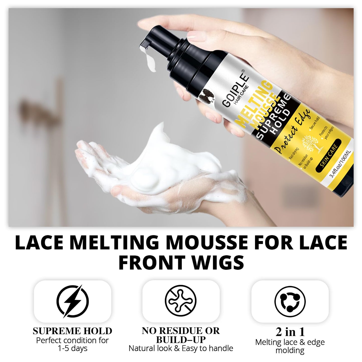 Lace Melting and Holding Mousse Glue-Less Hair Adhesive for Wigs, Wig Glue Lace Melting Spray Lace Melt Mousse for Closure Wigs Extensions, Wig Melting Mousse Supreme Hold for Wig Hair Wig Install Kit