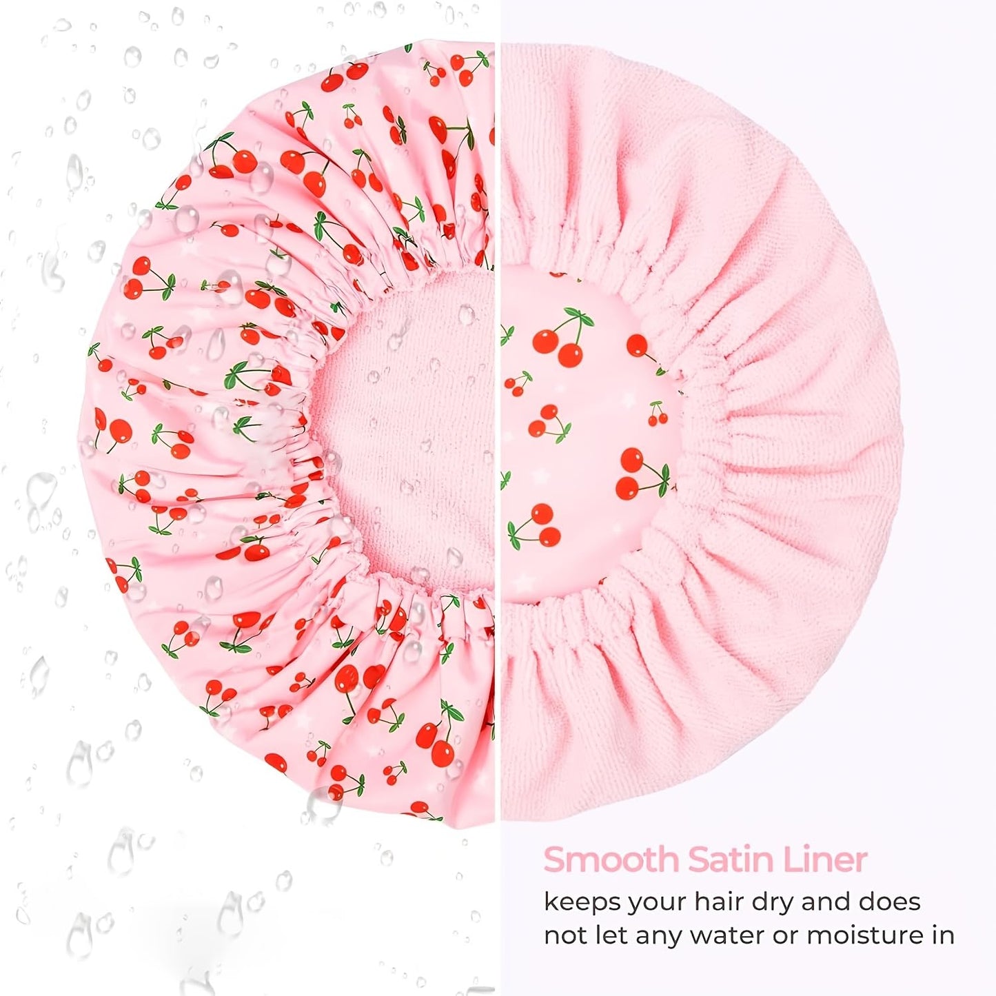 3 in 1 Shower Cap for Women, Pink Heart Print Reusable Waterproof Terry Lined Elastic Bath Wrap Long Braided Hair (Love)