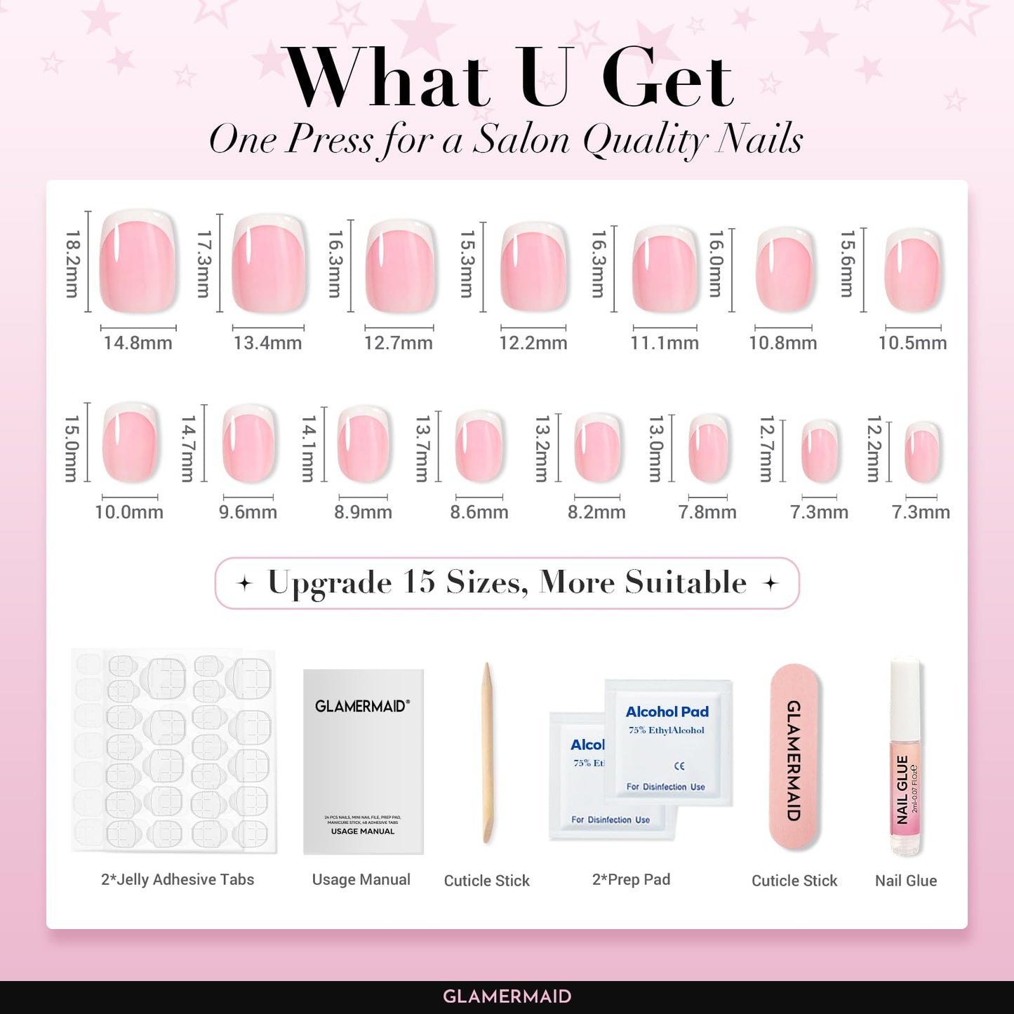 GLAMERMAID Classic French Tip Press on Nails Short, Pink Fake Nails Sqaure