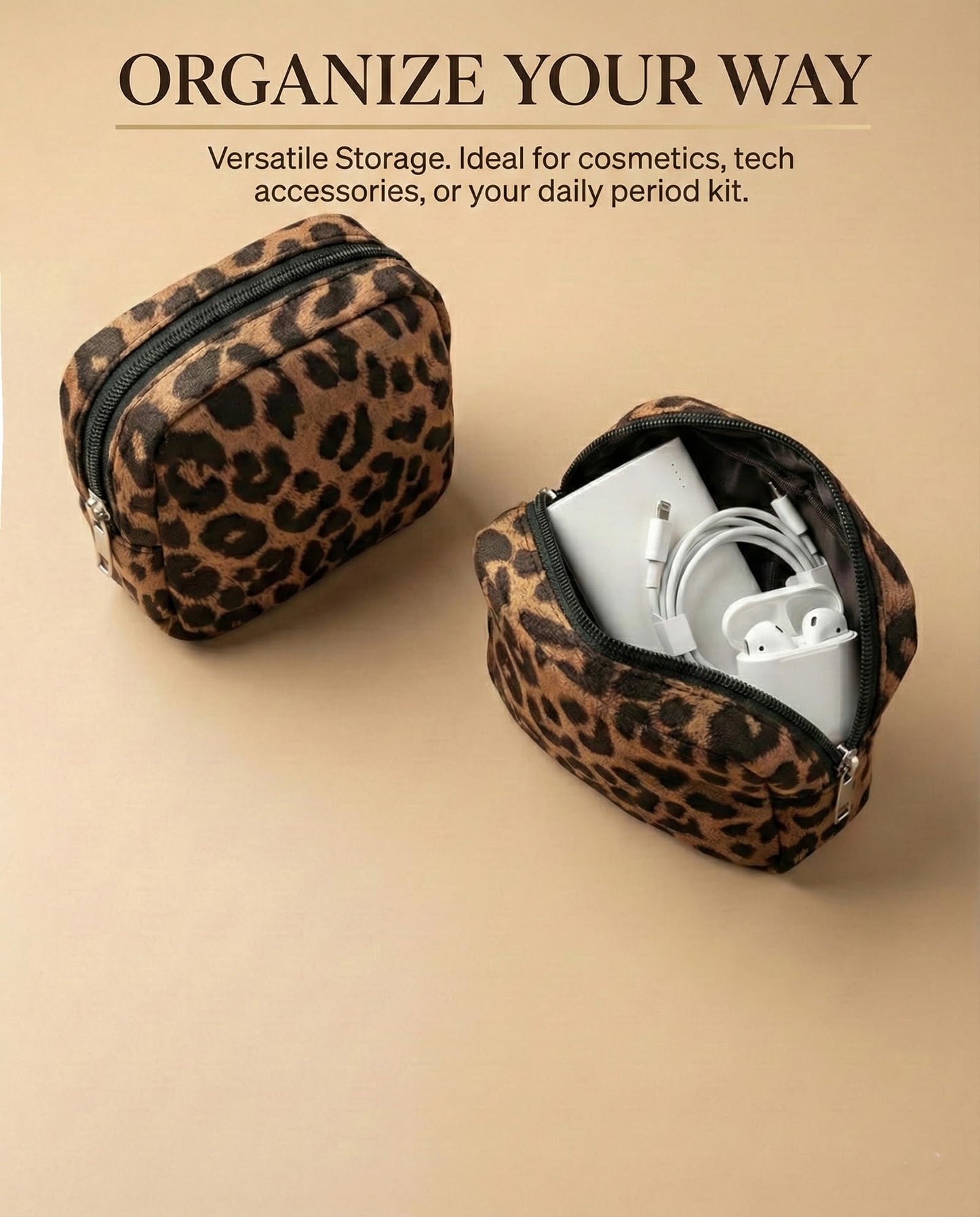 AGBIADD Fabric Leopard Print Makeup Bag Travel Cosmetic Case Soft Toiletry Bag with Zipper, Portable Make Up Organizer Traveling Compact Car Bag for Essentials (Brown)