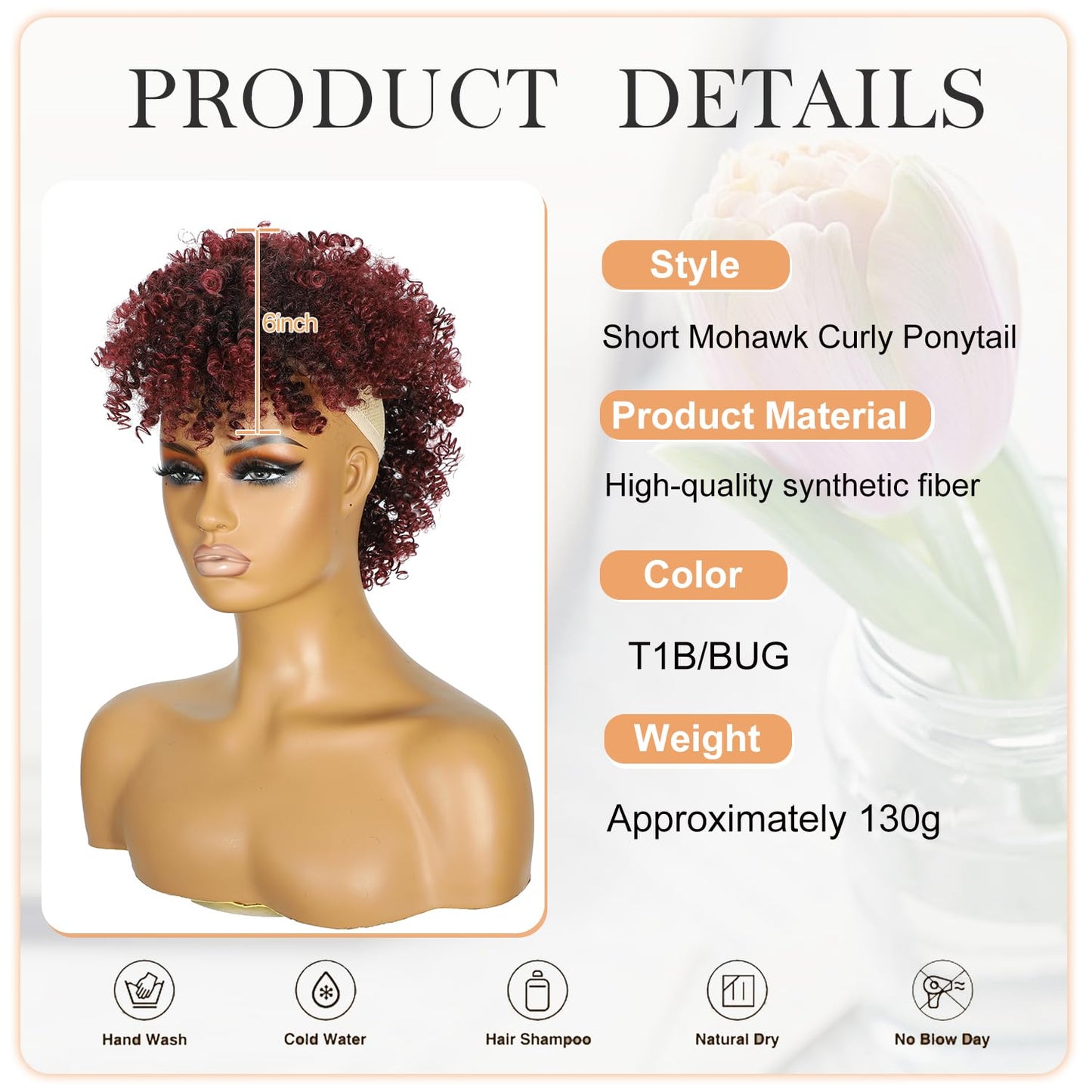 Mohawk Wig Kinky Curly Red Ponytail Extension with Bangs,Short Burgundy Mix Black Curly Synthetic Clip in Mohawk Ponytail with Six Clips and Two Combs Fluffy Red Hair for Daily Party Use 1B/BUG