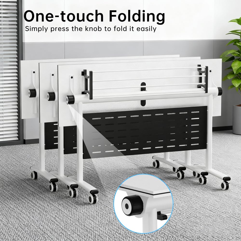 Jyrvonxex Foldable Conference Room Table,Modern Large Mobile Meeting Table with Storage Shelf,Modular Flip-Top Seminar Tables Desk with 360° Silent Wheels for Home Office and Training Classroom,White,