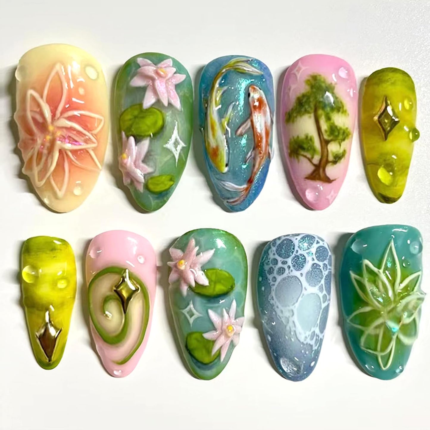 Press-On Nails - 24Pcs Medium Almond Fake Nails with Lotus & Lucky Koi Design | Glossy Full Cover for Spring/Summer DIY Manicure