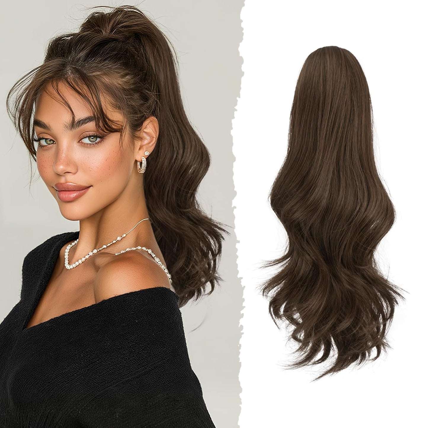 Sofeiyan Claw Clip Ponytail Extension - 16" Curly Wavy Synthetic Hairpiece | Medium Brown & Light Auburn