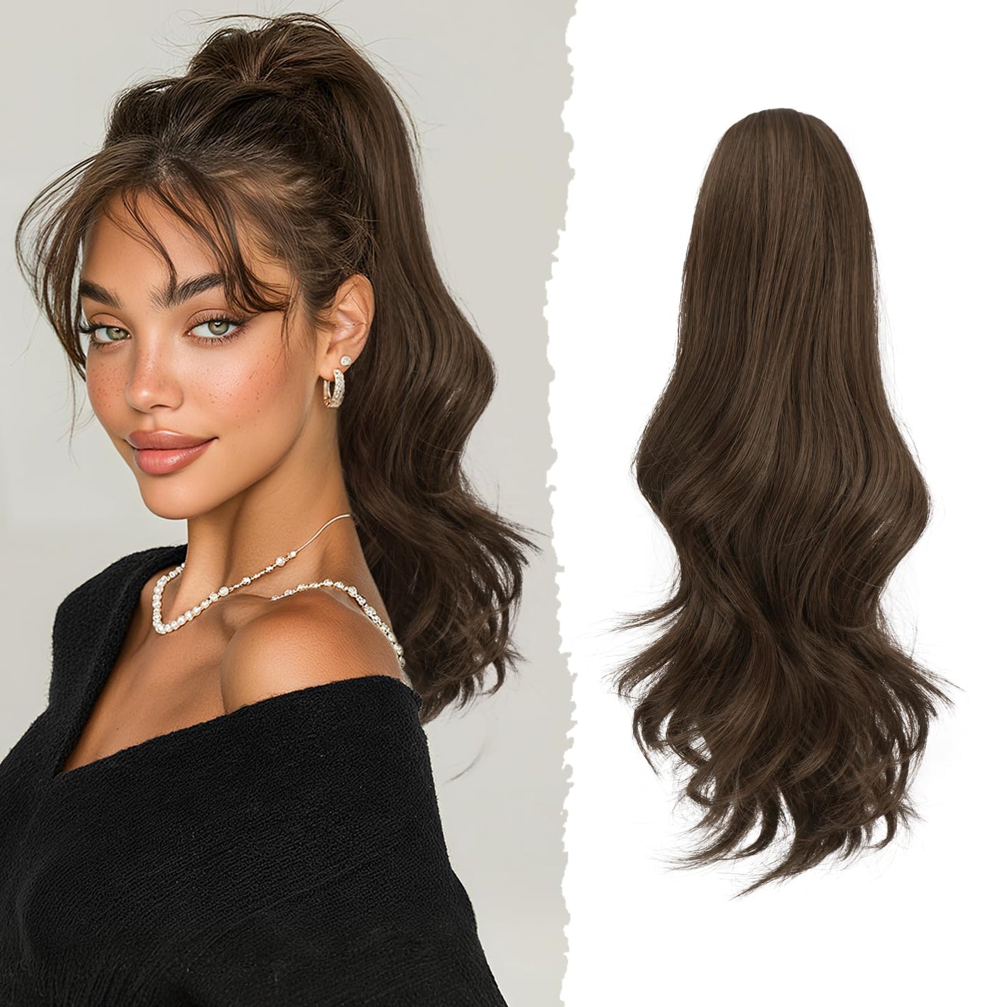 Sofeiyan Claw Clip Ponytail Extension 16 inch Curly Wavy Clip in Hairpiece Synthetic Fake Pony Tail Clip on Hair Extensions for Women Fluffy Hair Extensions for Daily Use - Medium Brown & Light Auburn