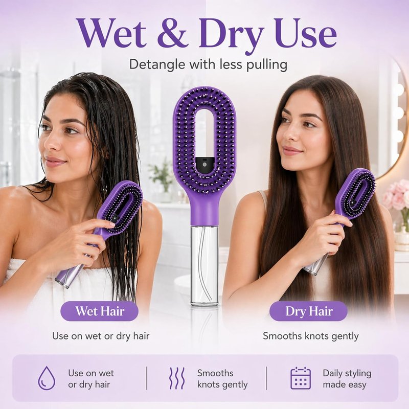 Misting Hair Brush - 2-in-1 Detangling Hairbrush with Spray & Refillable Reservoir | Anti-Frizz for Curly & Thick Hair (Purple)