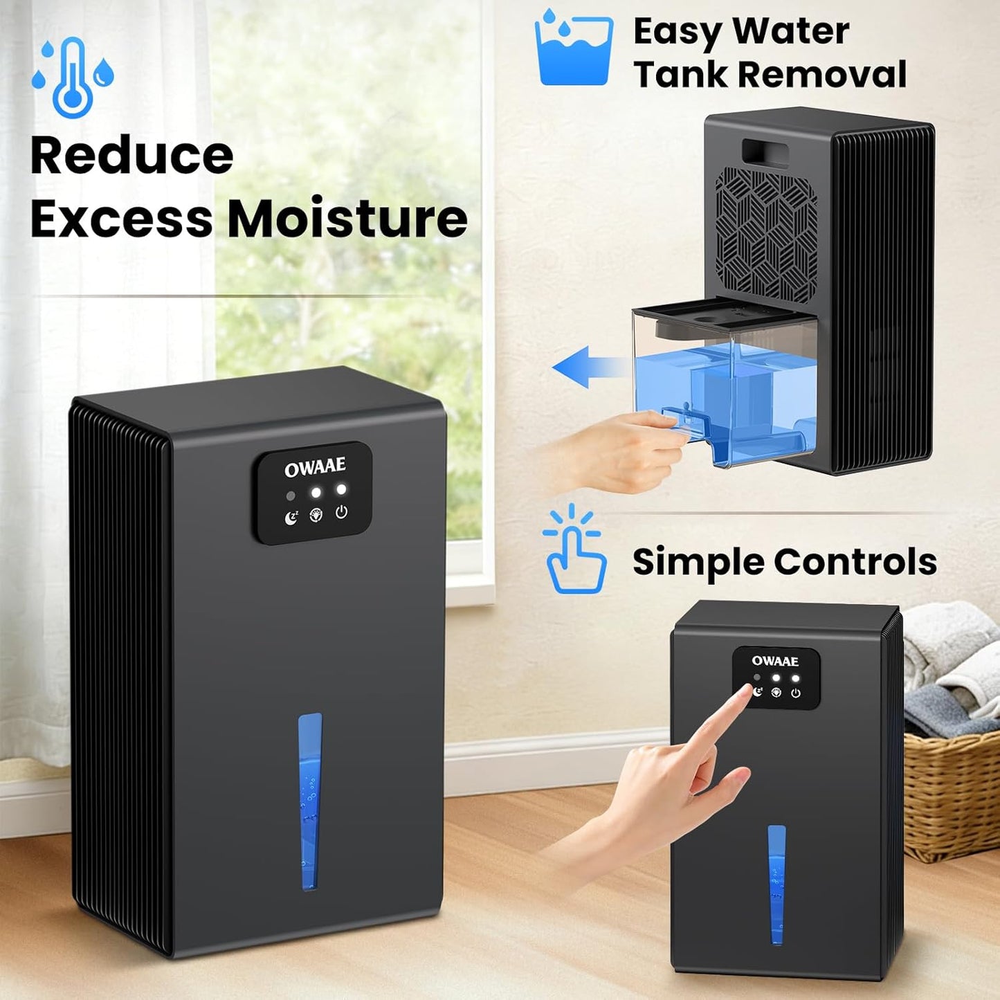 Quiet Dehumidifier for Home - 1000 Sq.Ft Coverage, 95oz Water Tank, Sleep Mode & 7 Color LED Light | Grey