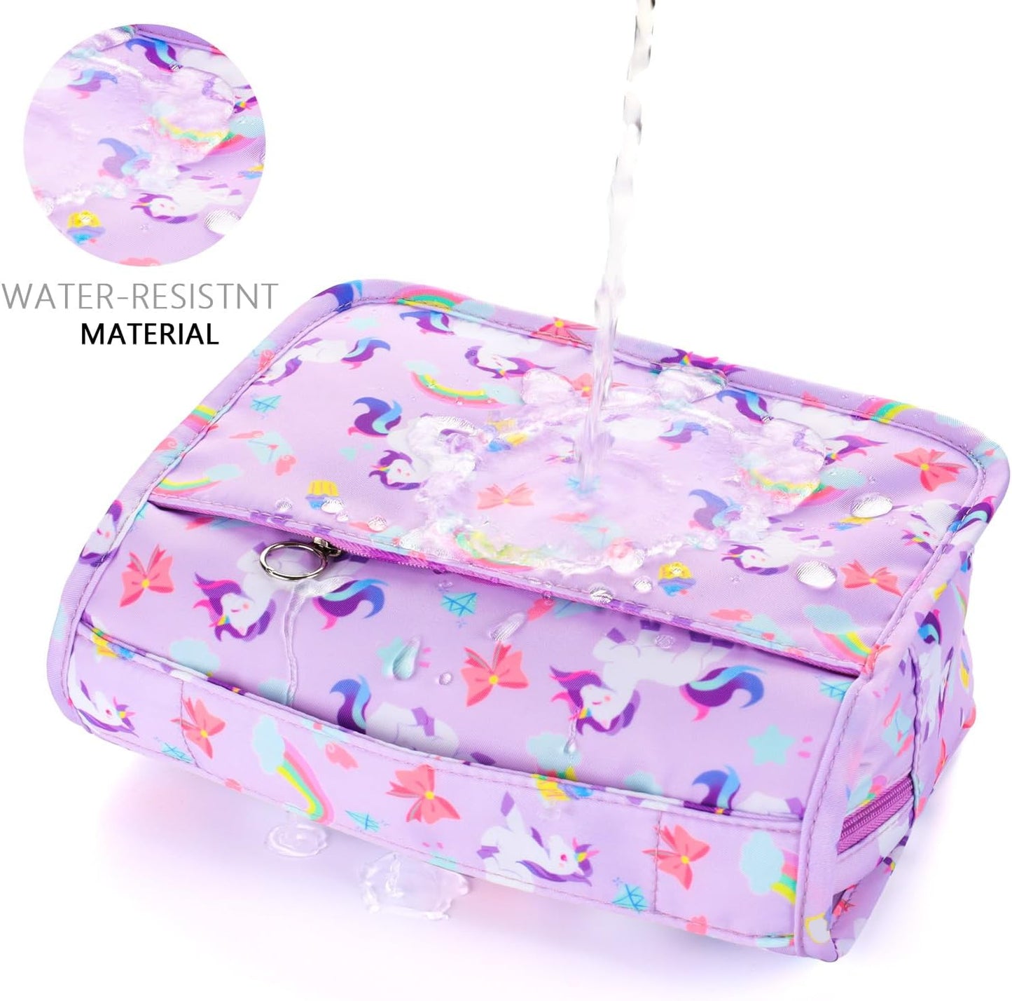 Kids Hanging Toiletry Bag - Waterproof Travel Makeup Organizer for Girls | Unicorn Purple
