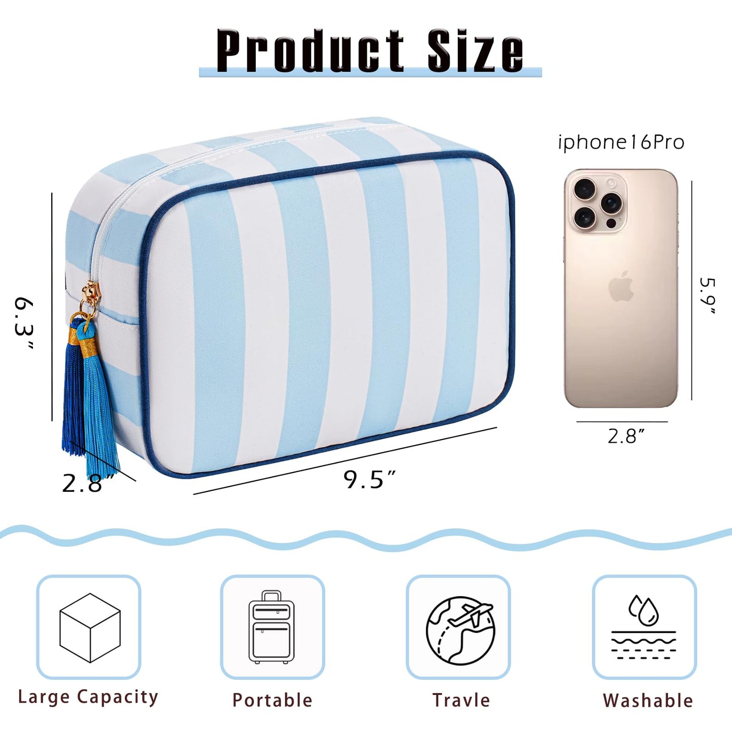 RSRSLEII Large Stripe Zipper Makeup Bag,Aesthetic Tassel Travel Cosmetic Bag,Coquette Toiletry Bag, Girls Handbags Purses,Accessories Storage Bag for Women Girls,Mahjong Tiles Bag(Blue)