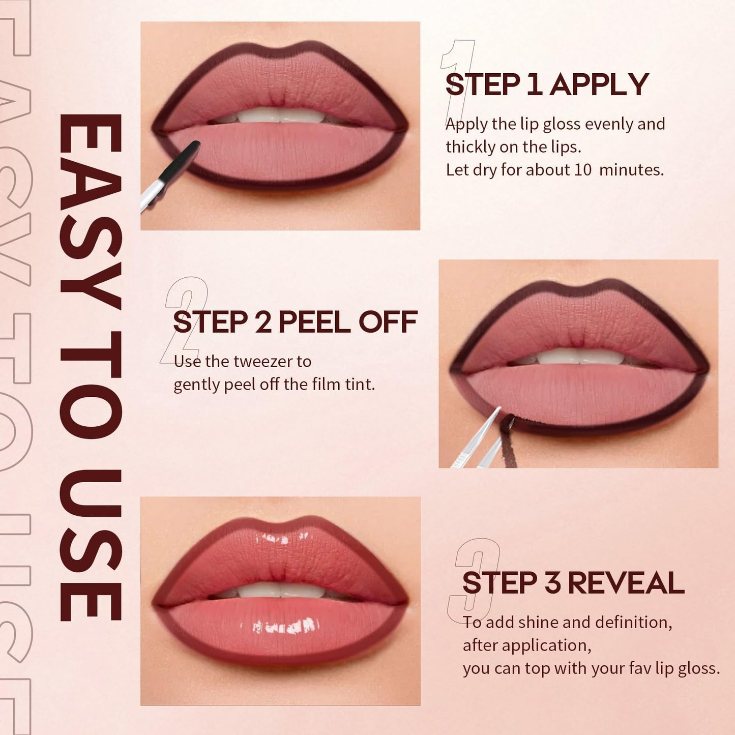 JUNECODE 3Pcs Lip Stain Peel Off Set with Tweezer, Peel Off lip Liner Stain Long Lasting Waterproof, Matte Lip Tattoo Tint Transfer Proof, Highly Pigmented Color Lip Makeup(#809+810+811)