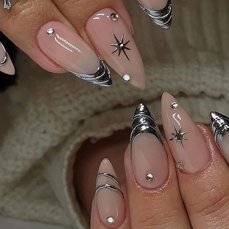 French Tip Press-On Nails - 24Pcs Medium Almond Silver Design | Glossy Full Cover Acrylic with Diamond Accents