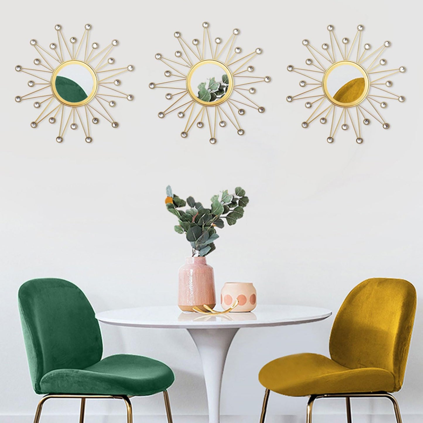 Uaussi 3 Pack Crystal Sunburst Wall Mirror Décor Rhinestone Mirrors Decorative Home Wall Art for Living Room Bedroom Entryway (Triangle Burst Gold)