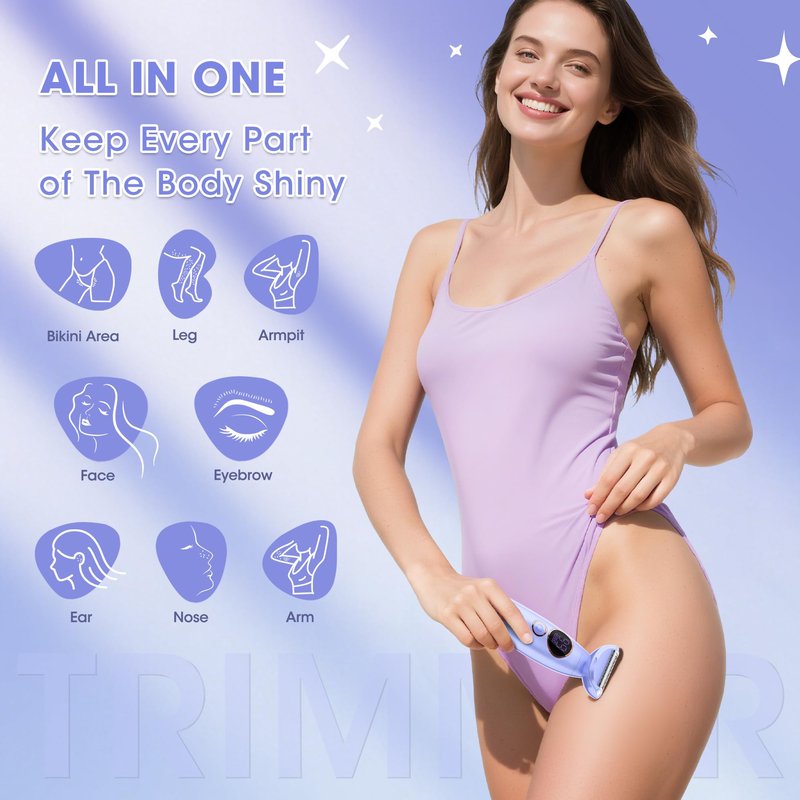 Karrte 5-in-1 Electric Razor for Women's Pubic Hair, Painless Body Shaver and Facial Epilator, Hair Removal for Face, Bikini Trimmer for Women's Private Area Purple