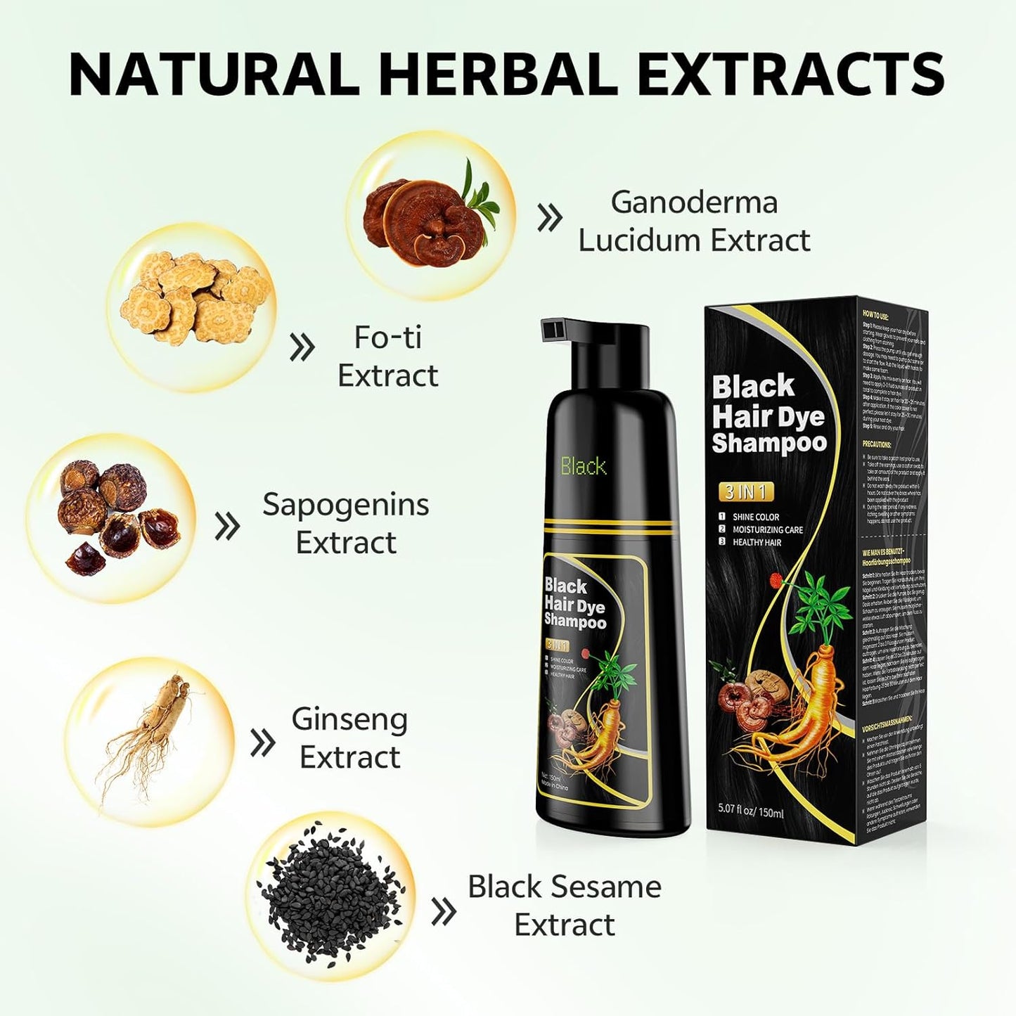 Black Hair Dye Shampoo - 3 in 1 Formula for Men & Women | 150ML Color Treatment