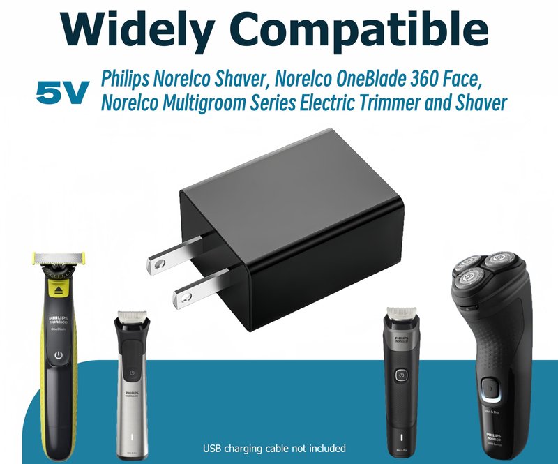 USB Charger Compatible with Philips Norelco Shavers 2400, 3600, 3900 & Multigroom Series 5000, 7000 - for OneBlade QP2724 Trimmer & Shaver - USB Wall Adapter 5V